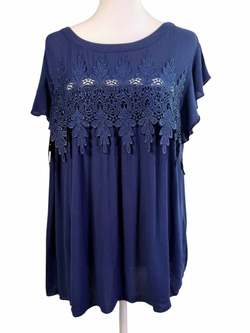 My Michelle Navy Blue Crochet Lace Yoke Flutter Sleeve Tunic Top  Size L